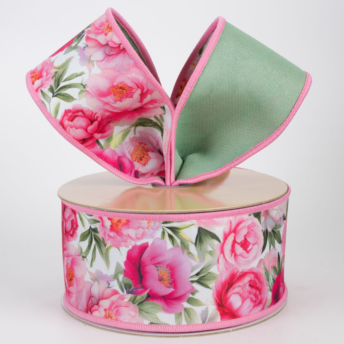 2.5" Double Sided Fused Peonies Ribbon: Pink & Green (10 Yards)