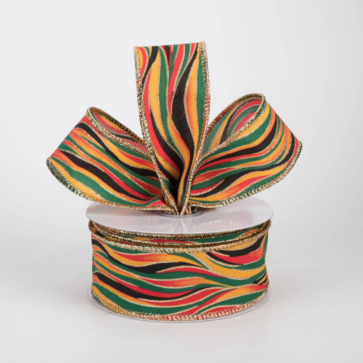 1.5" Glittered Wavy Stripes Ribbon: Black, Red, Green, Yellow (10 Yards)