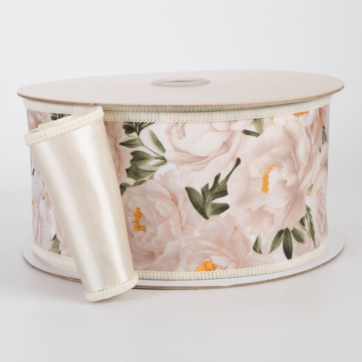 2.5" Double Sided Fused Peonies Ribbon: White & Cream (10 Yards)