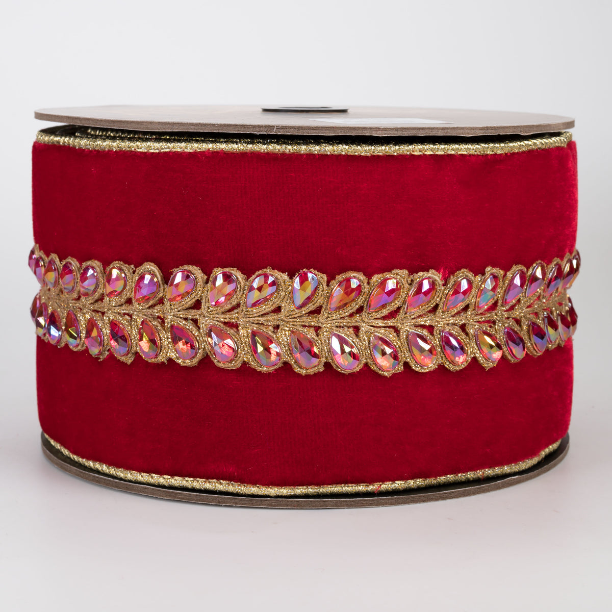 [D Stevens] 4" Honey Locust Jewels Velvet Gold Back Ribbon: Red (5 Yards)