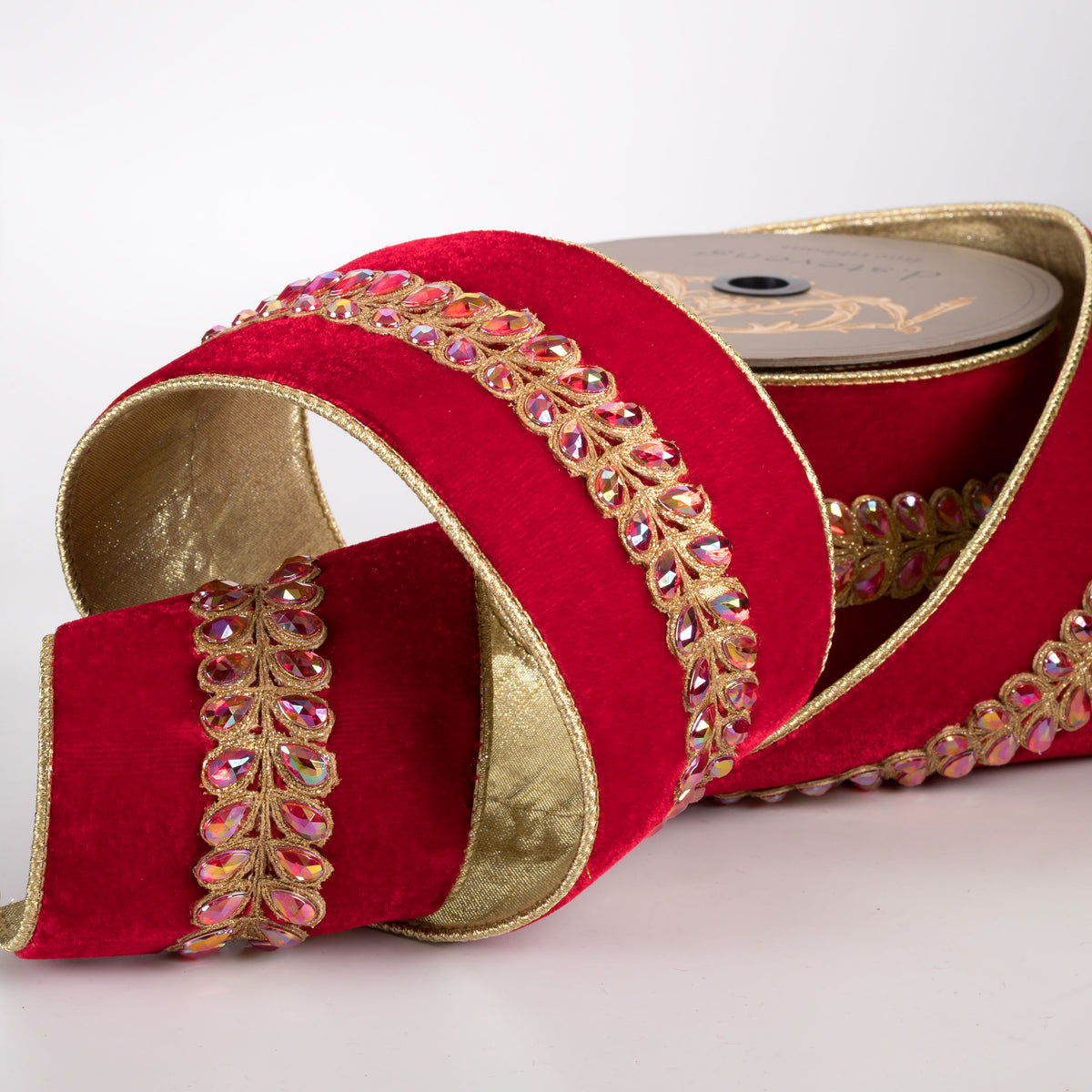 [D Stevens] 4" Honey Locust Jewels Velvet Gold Back Ribbon: Red (5 Yards)