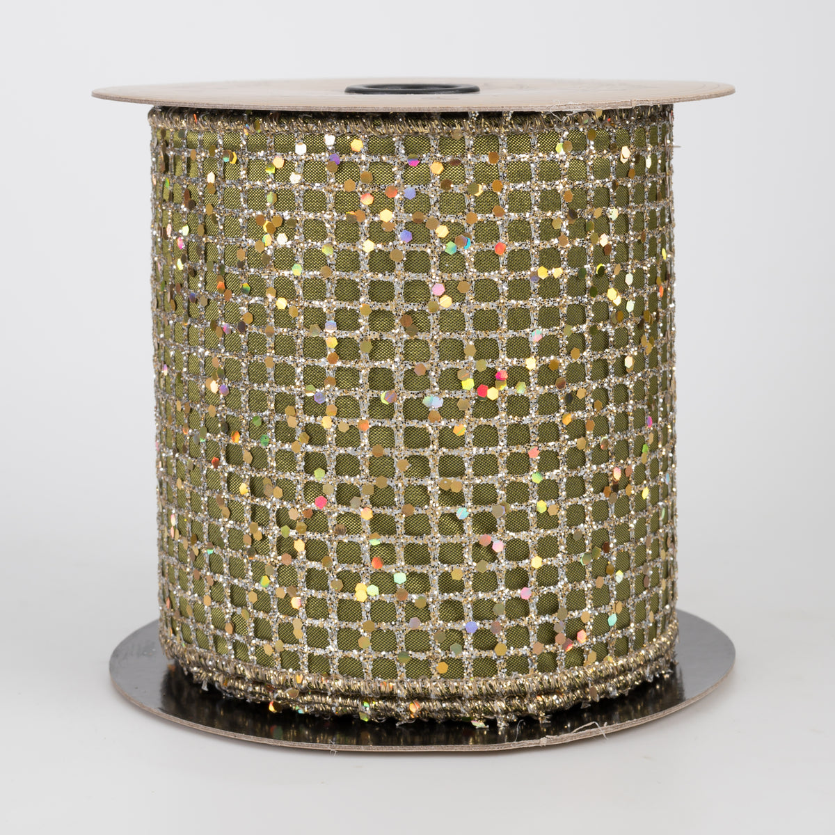 [D Stevens] 4" Taffeta Glitter Mesh Ribbon: Champagne & Olive (10 Yards)