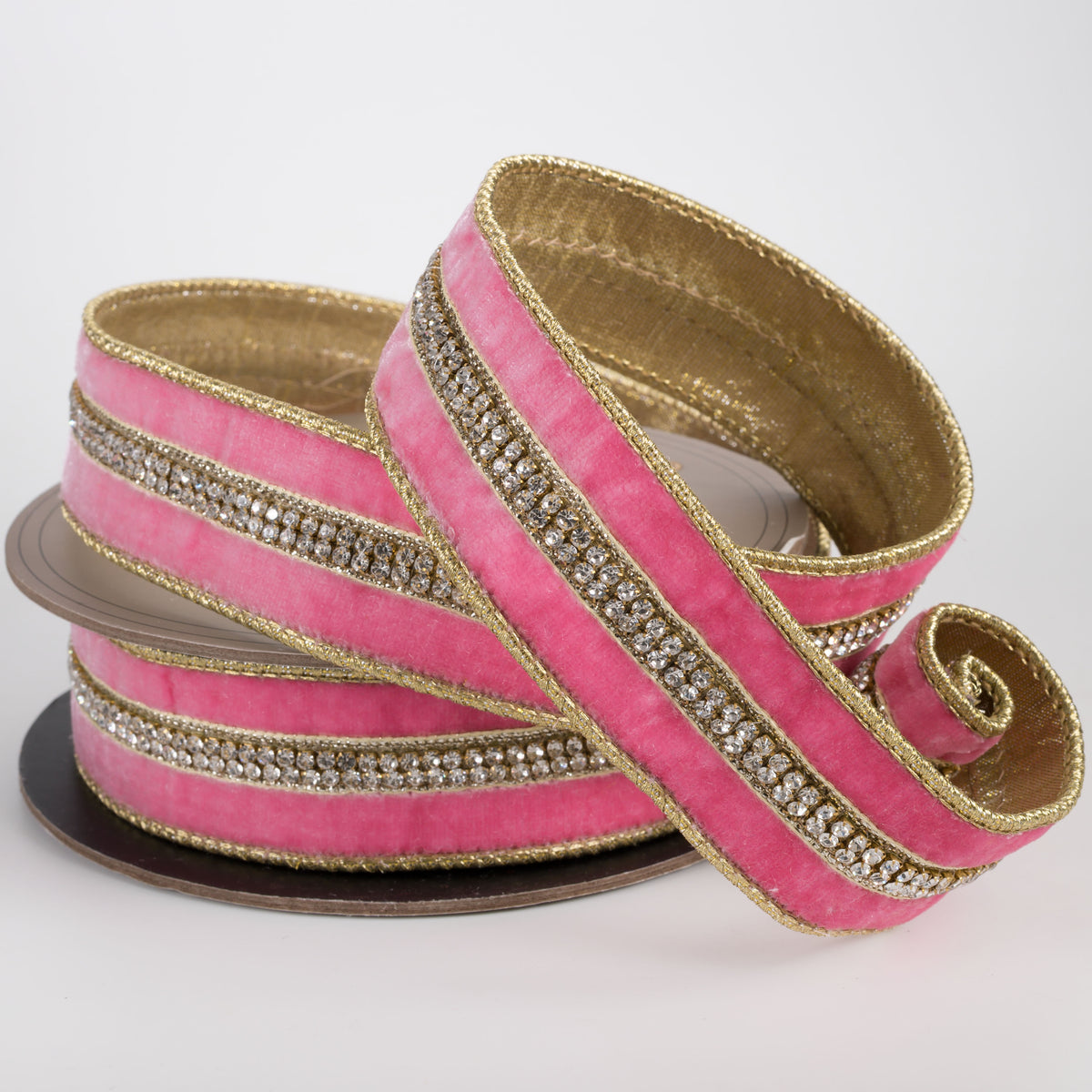 [D Stevens] 1.5" Velvet Iris Crystal Jewel Trim Ribbon: Pink Lemonade (5 Yards)