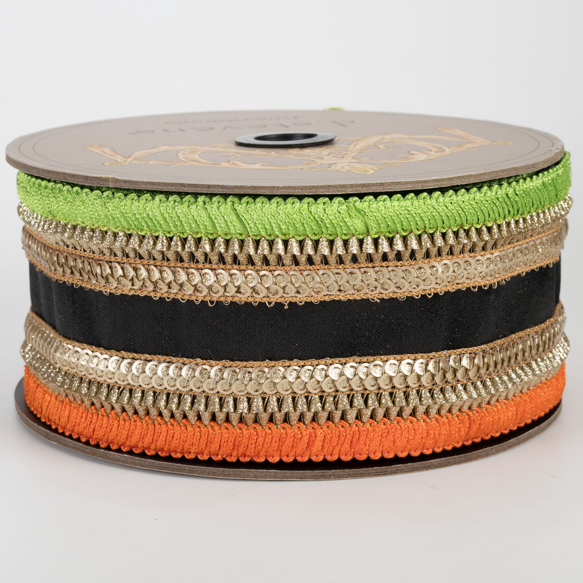 [D Stevens] 2.5" Metallic Dupioni & Sequin Ribbon: Black, Orange & Lime (5 Yards)