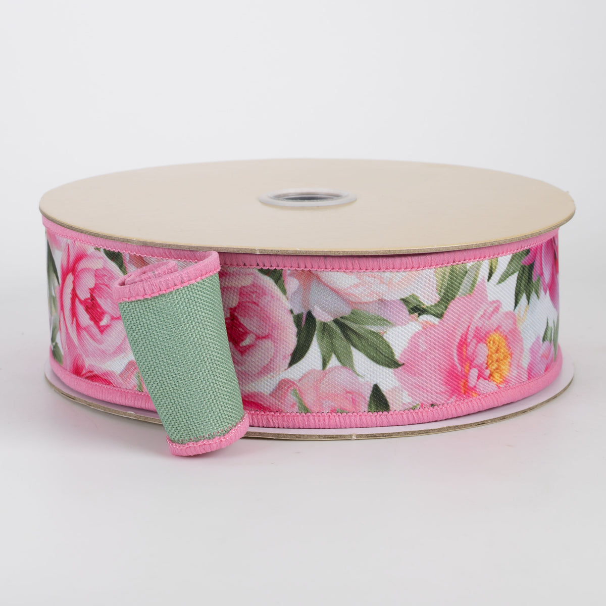 1.5" Double Sided Fused Peonies Ribbon: Pink & Green (10 Yards)