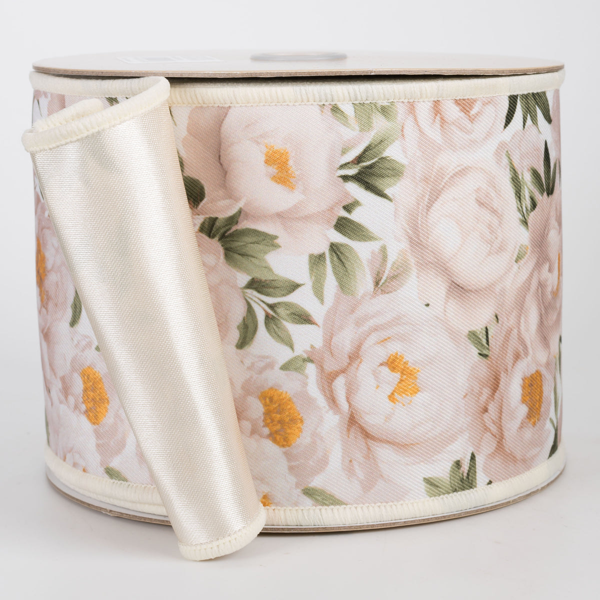 4" Double Sided Fused Peonies Ribbon: White & Cream (10 Yards)