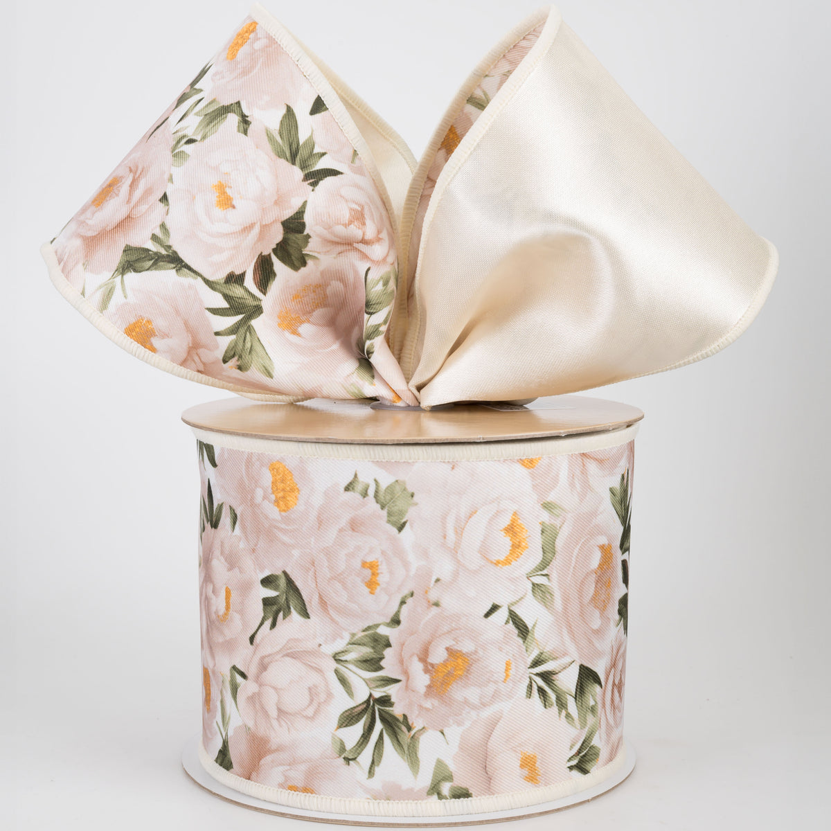 4" Double Sided Fused Peonies Ribbon: White & Cream (10 Yards)