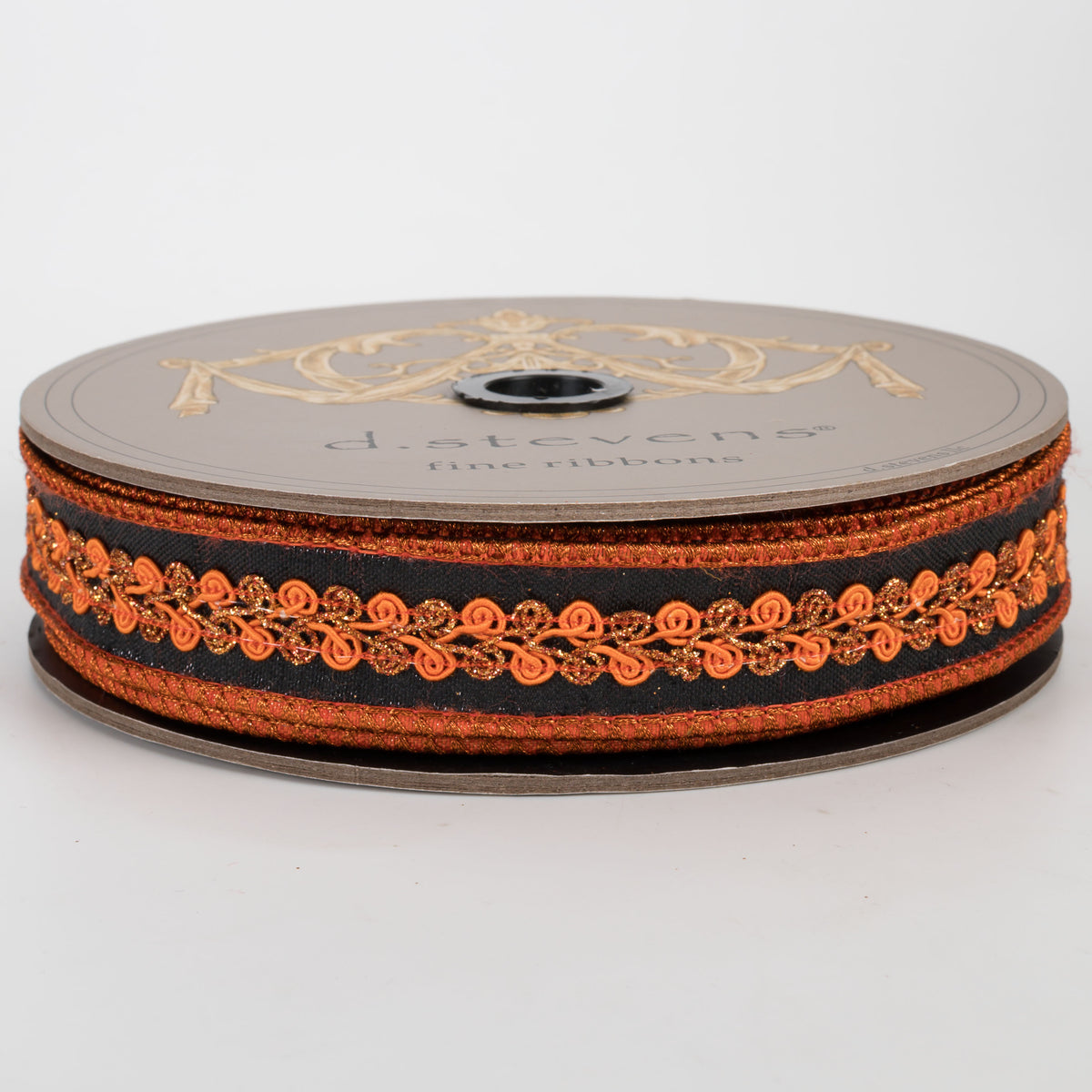 [D Stevens] 1" Metallic Dupioni Center Trim Ribbon: Copper & Orange on Black (10 Yards)