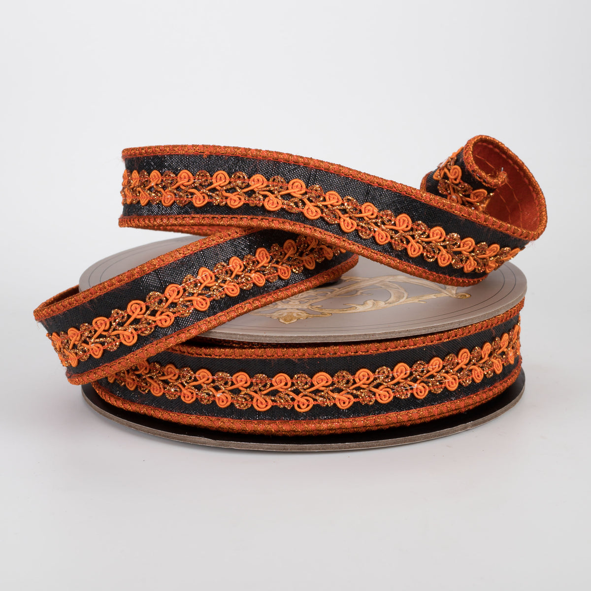 [D Stevens] 1" Metallic Dupioni Center Trim Ribbon: Copper & Orange on Black (10 Yards)