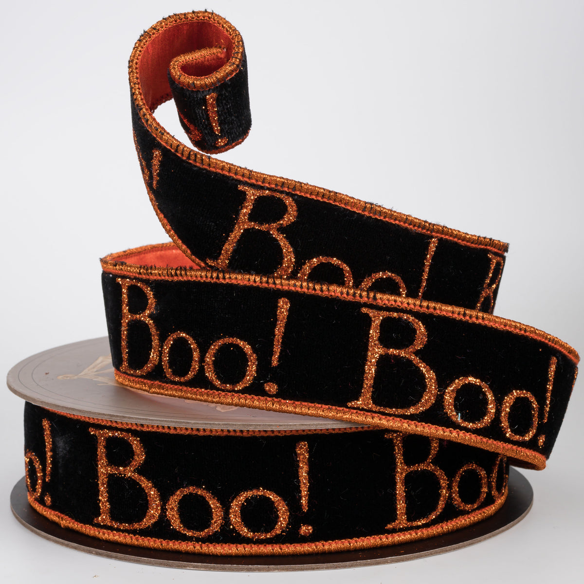 [D Stevens] 1.5" Velvet Glitter Boo Ribbon: Orange on Black (10 Yards)