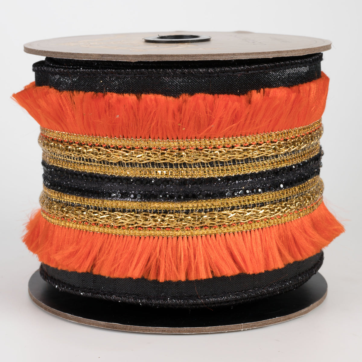 [D Stevens] 3.5" Metallic Dupioni Center Trim & Fringe Ribbon: Orange & Gold on Black (5 Yards)