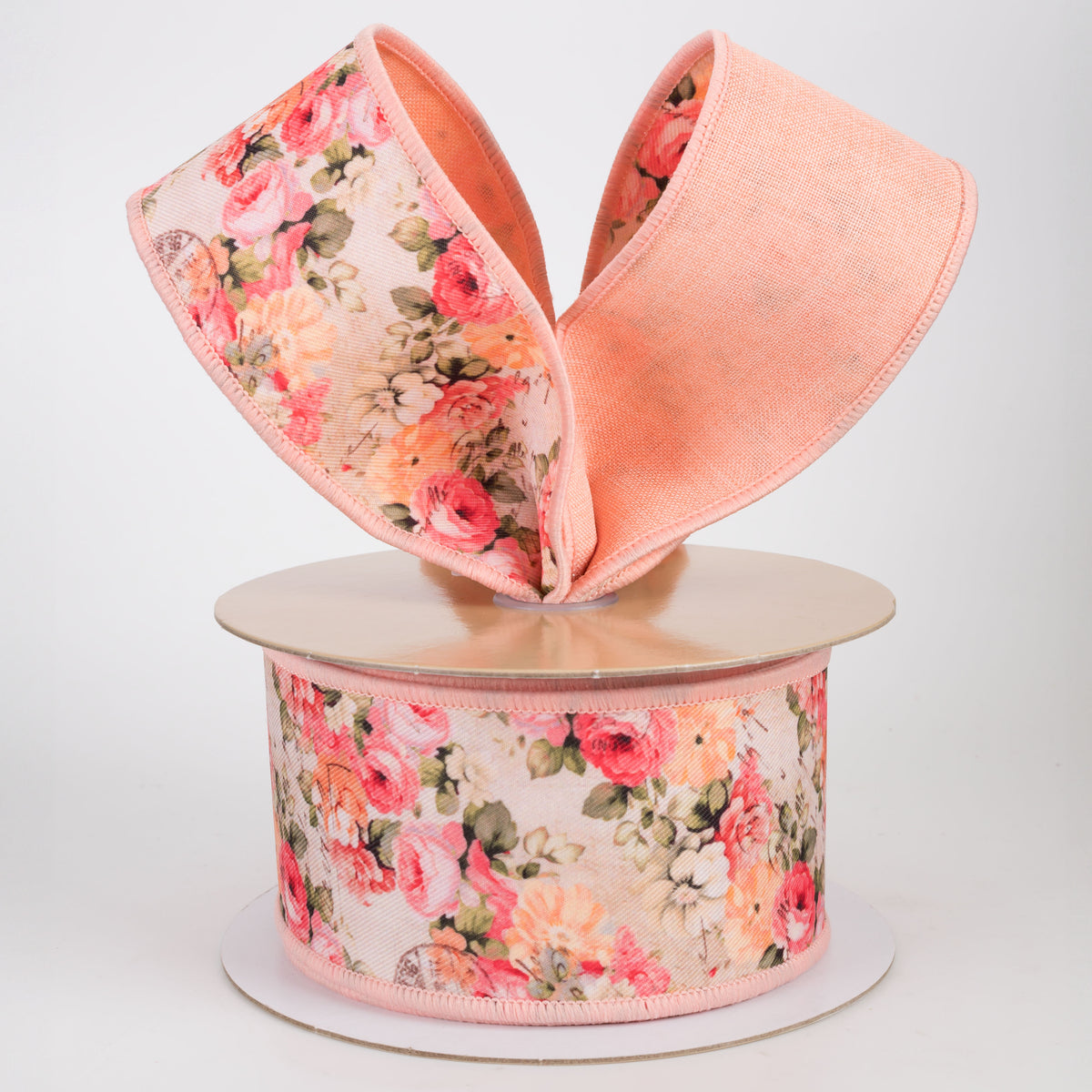 2.5" Double Sided Fused Vintage Floral Ribbon: Coral (10 Yards)