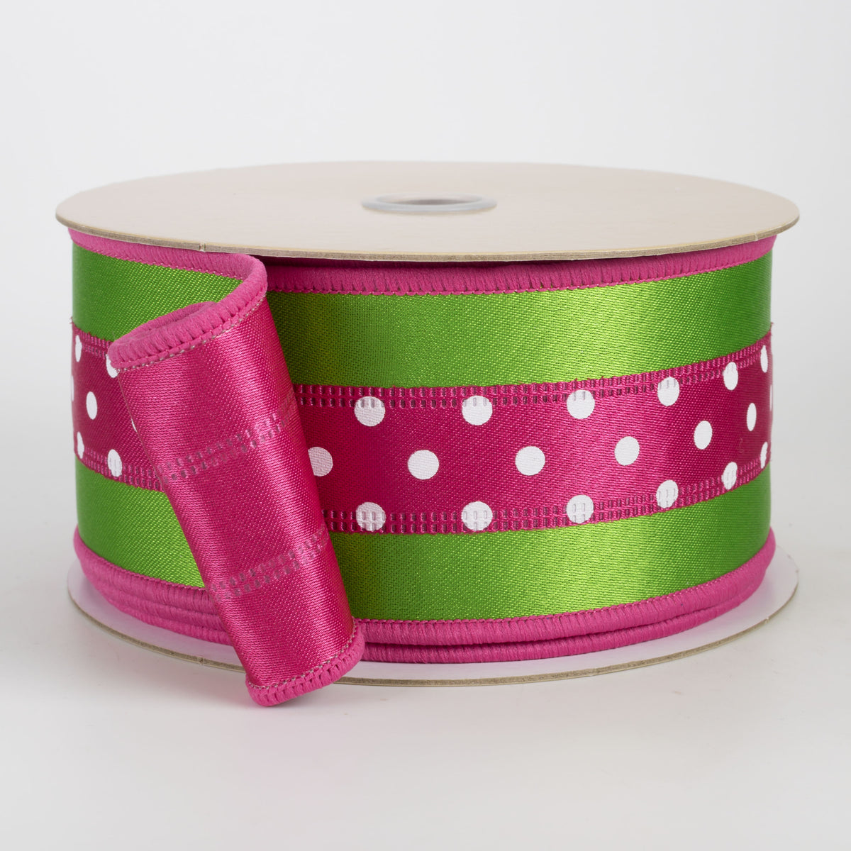 2.5" Double Sided Fused 3-in-1 Polka Dot Ribbon: Fresh Green & Hot Pink (10 Yards)