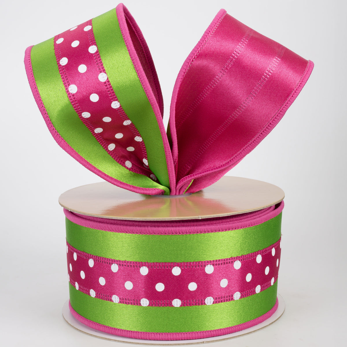 2.5" Double Sided Fused 3-in-1 Polka Dot Ribbon: Fresh Green & Hot Pink (10 Yards)