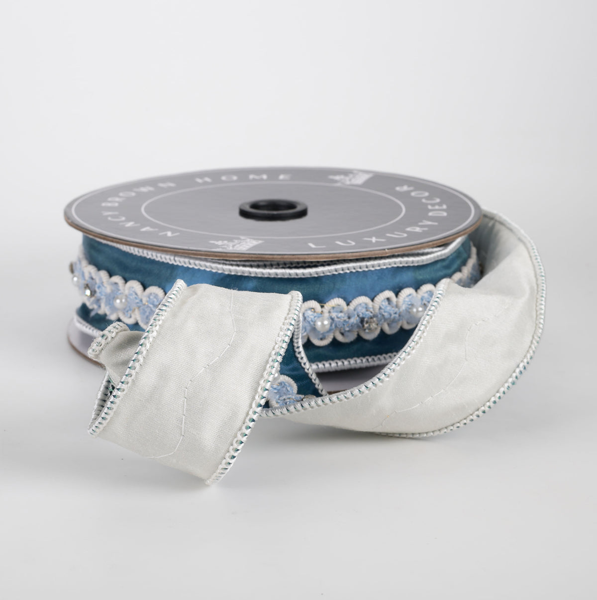 [Nancy Brown] 1.5" Pearls & Rhinestones Ribbon: Blue (5 Yards)