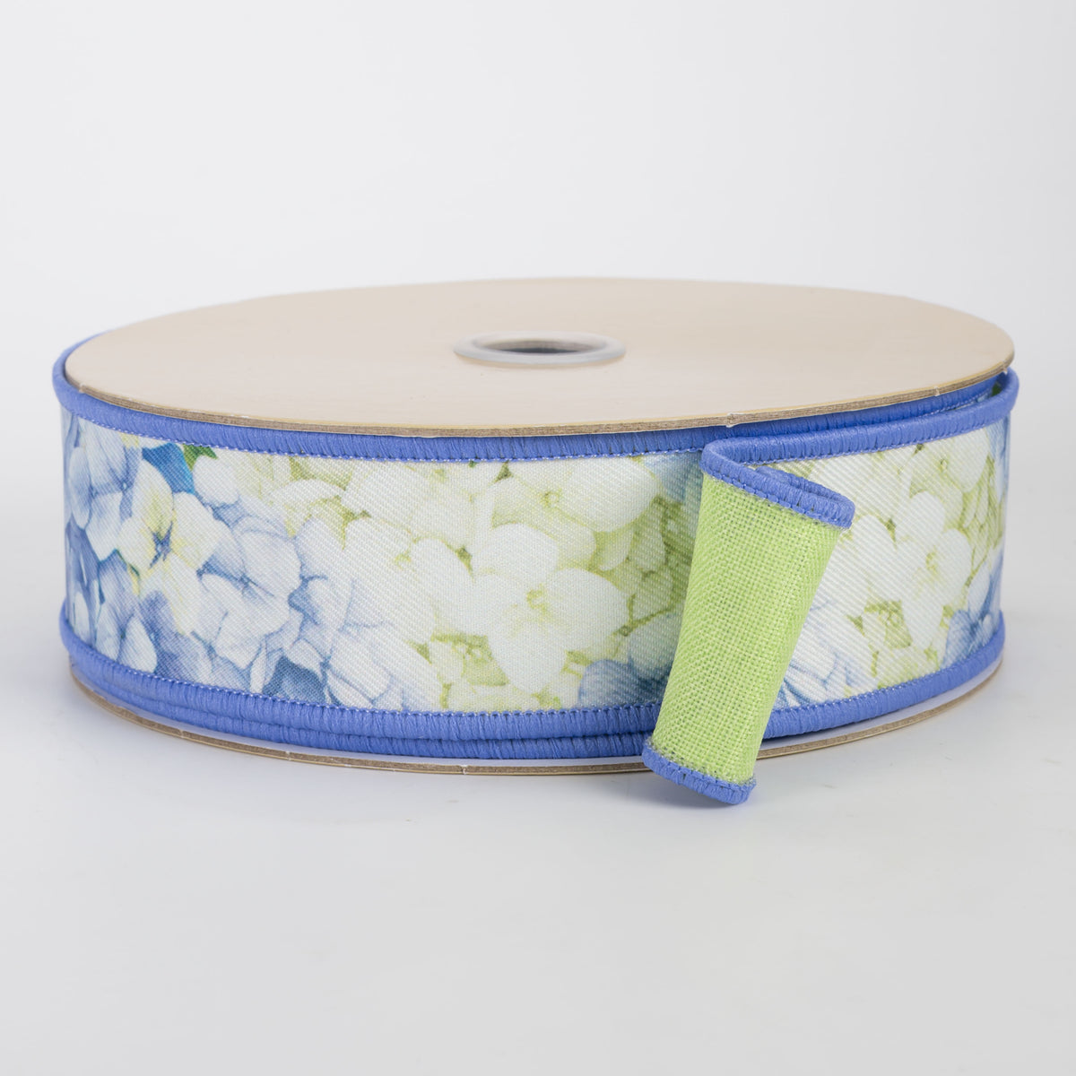 1.5" Double Sided Fused Hydrangeas Ribbon: Blue & Green (10 Yards)