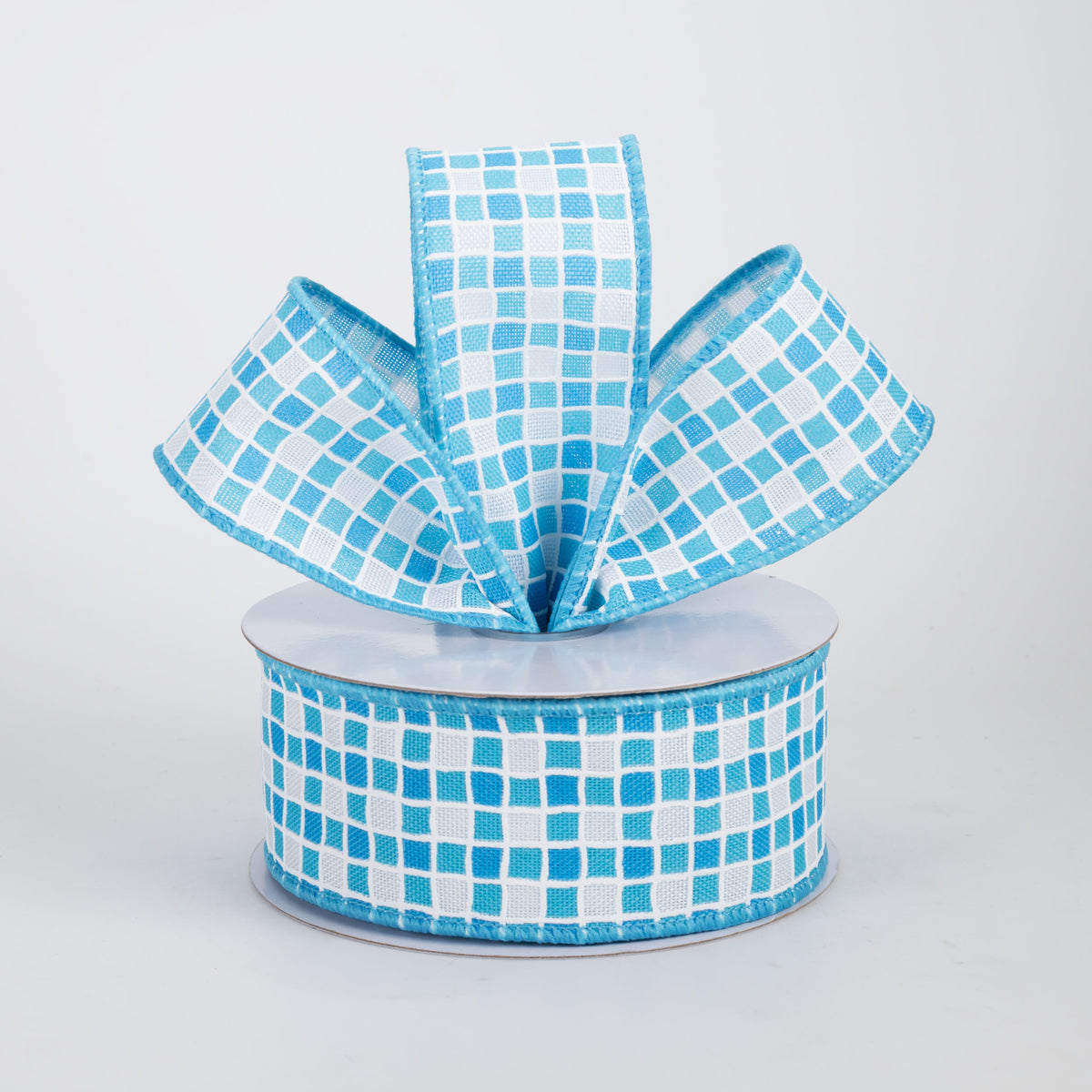 1.5" Small Check Raised Lines Ribbon: Blues & White (10 Yards)