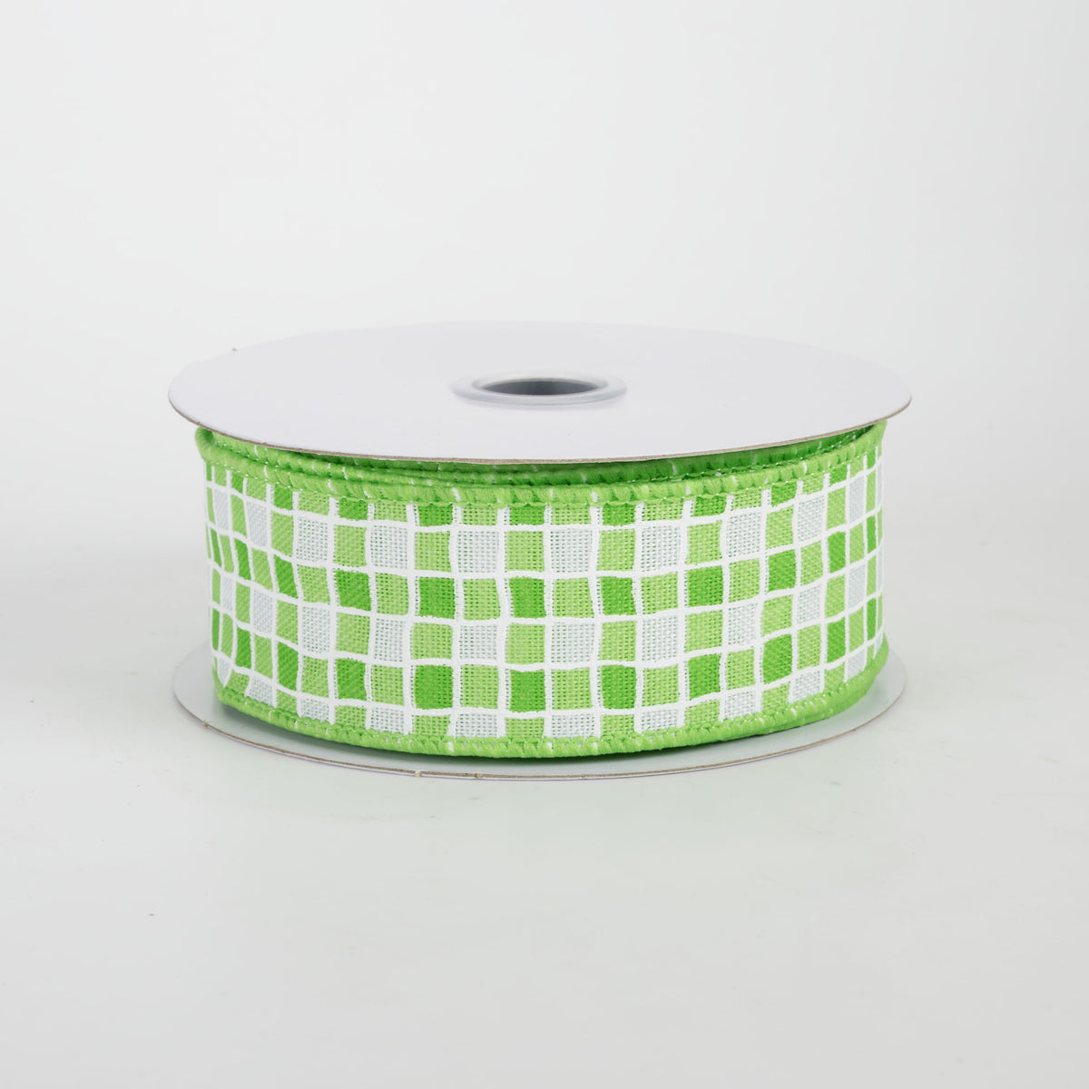 1.5" Small Check Raised Lines Ribbon: Greens & White (10 Yards)