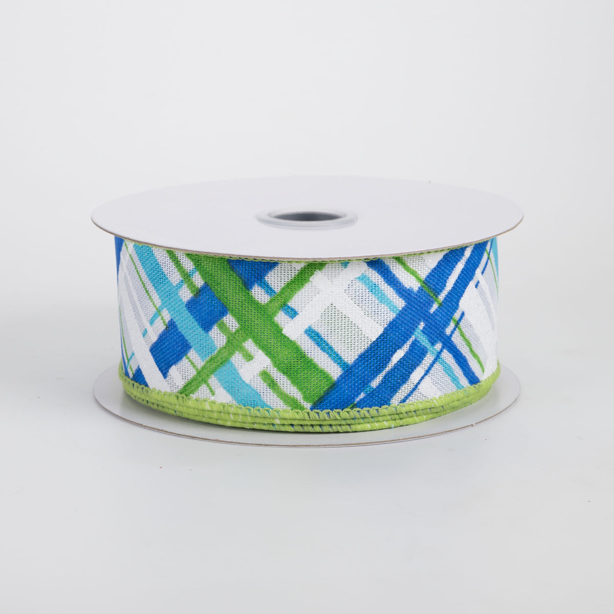 1.5" Diagonal Painted Plaid Ribbon: White, Blues, Green (10 Yards)