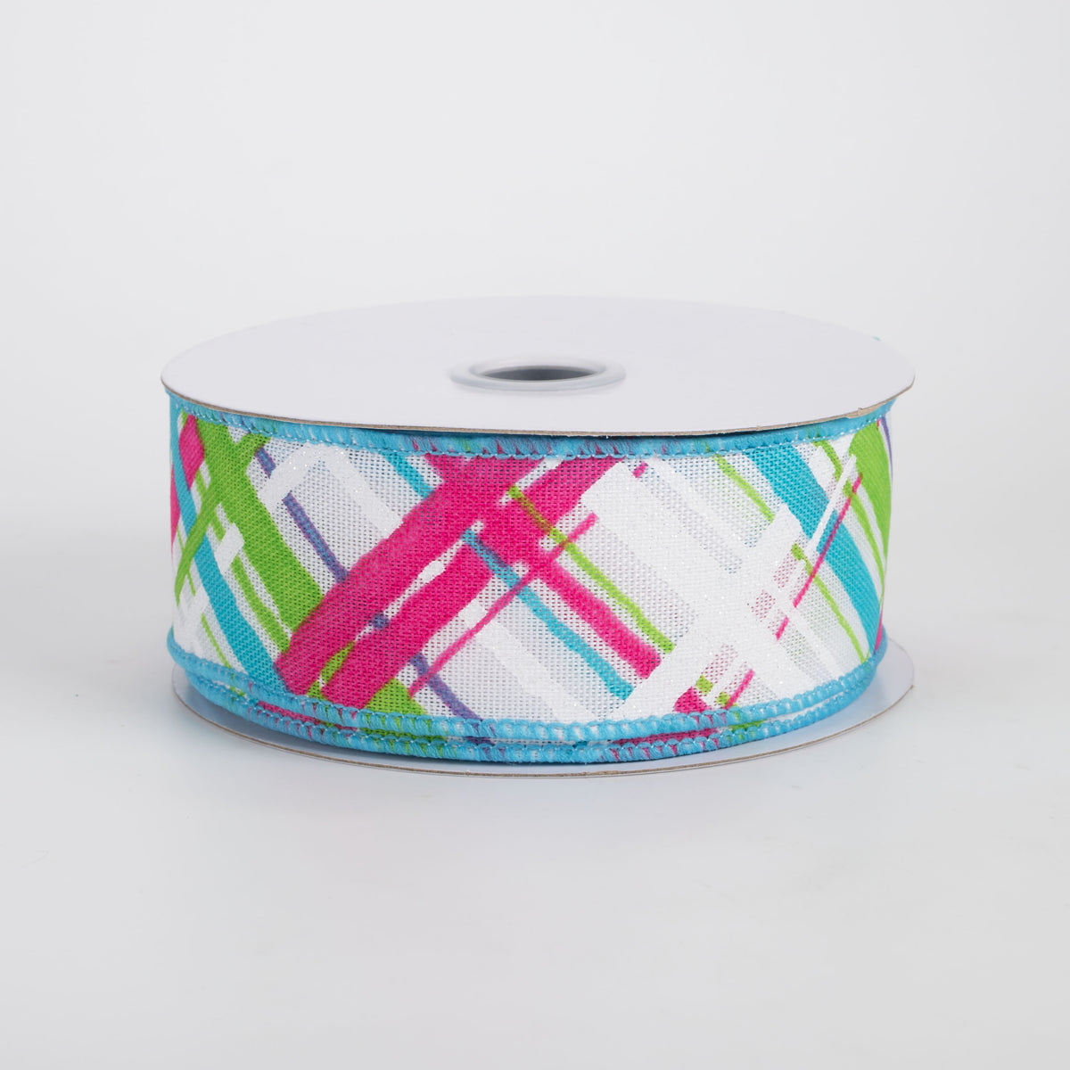 1.5" Diagonal Painted Plaid Ribbon: White, Turquoise, Green, Hot Pink (10 Yards)