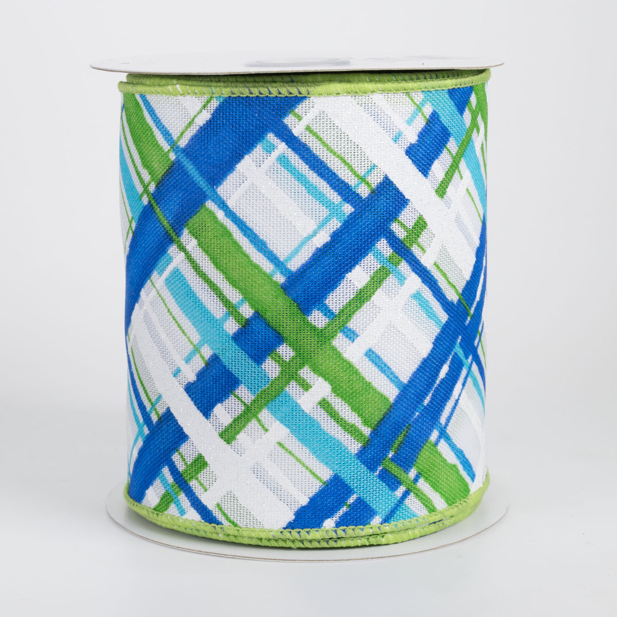 4" Diagonal Painted Plaid Ribbon: White, Blues, Green (10 Yards)