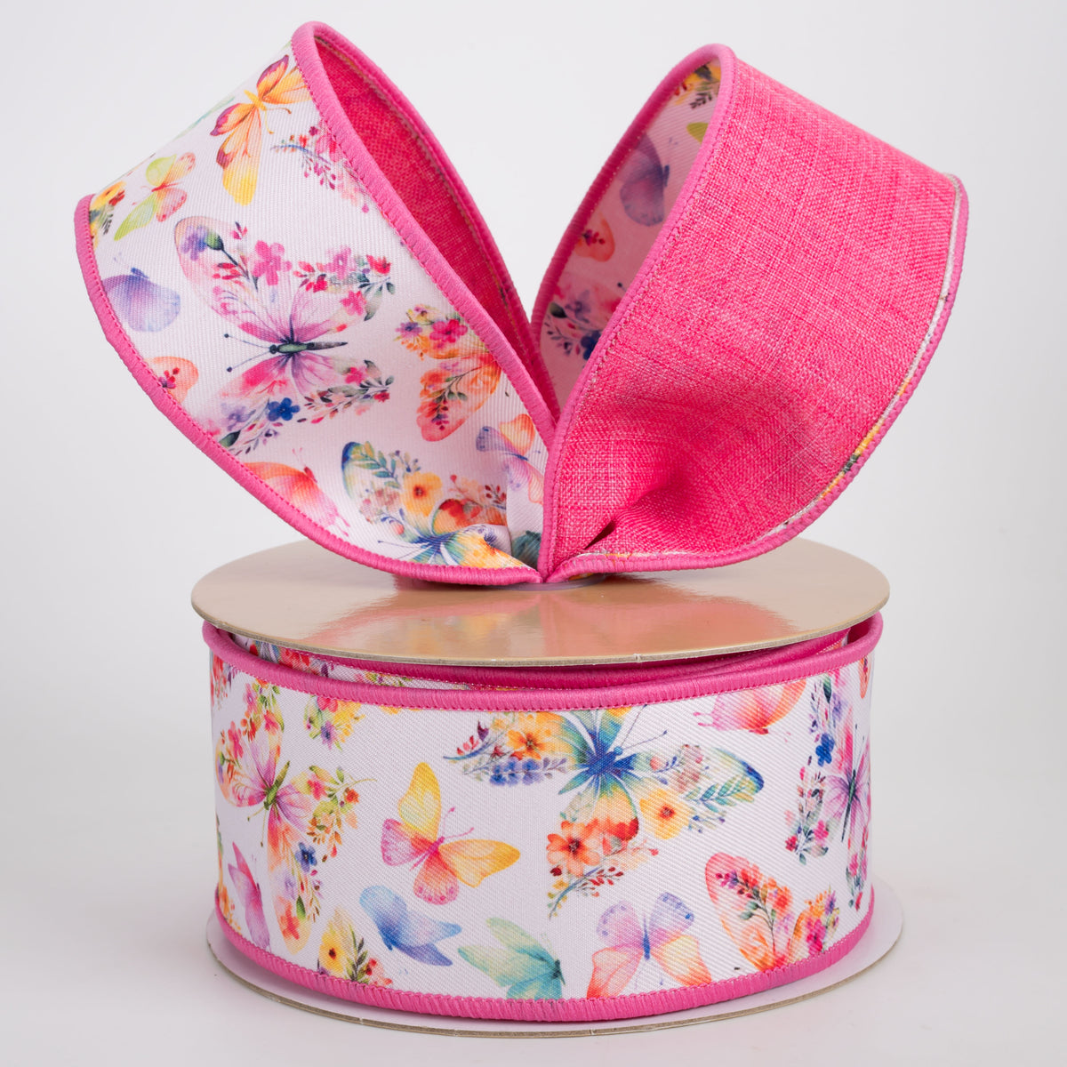 2.5" Double Sided Fused Floral Butterflies Ribbon: Pink (10 Yards)