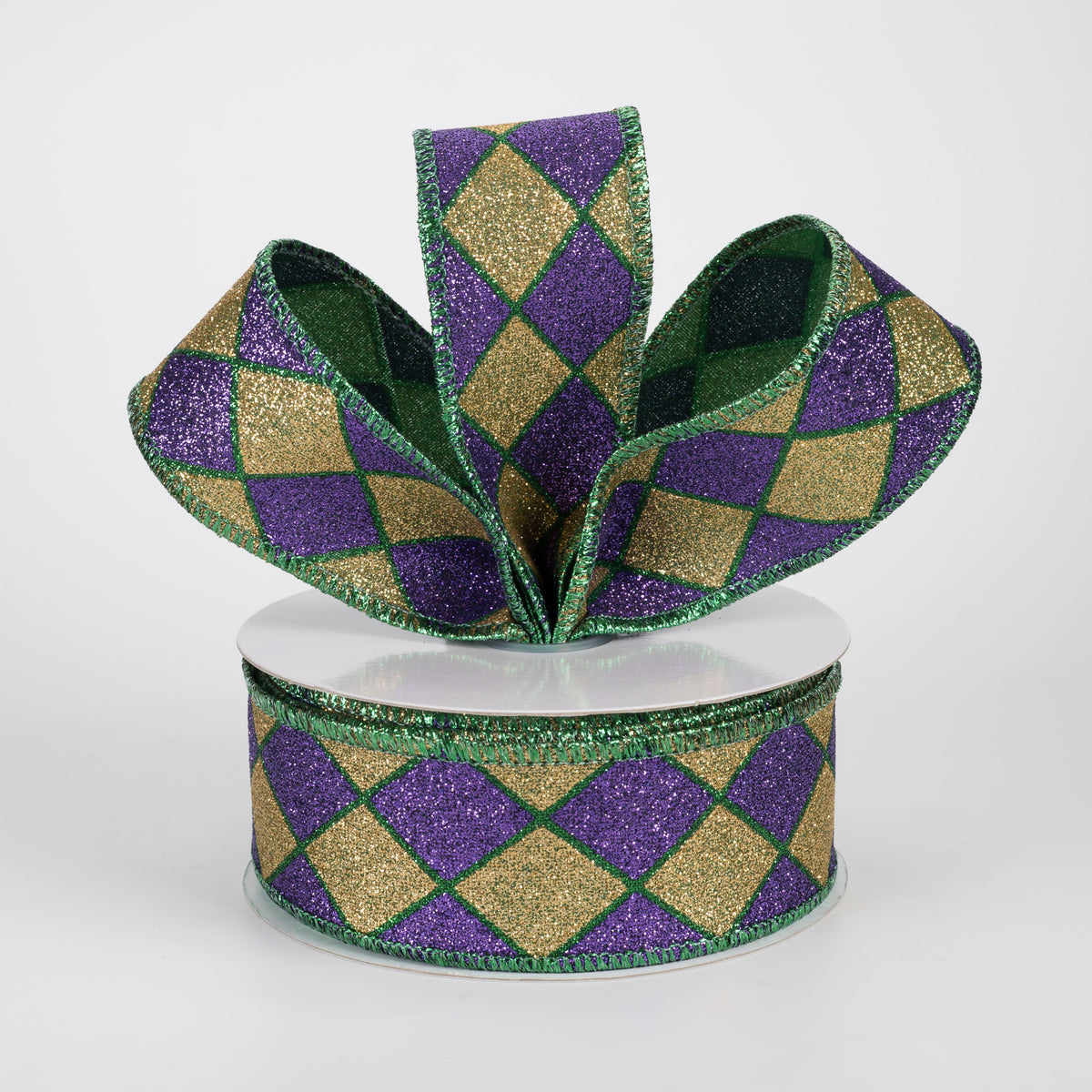 1.5" Harlequin Glitter Diamond Ribbon: Mardi Gras (10 Yards)