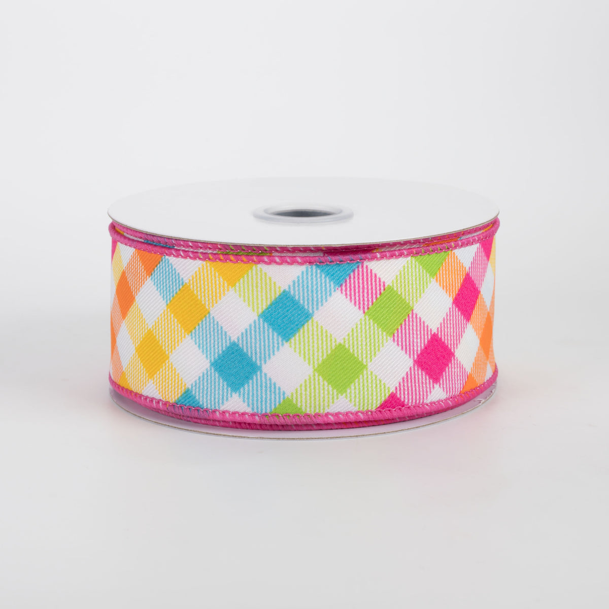 1.5" Multicolor Plaid on Diagonal Weave Ribbon: Neon Brights (10 Yards)