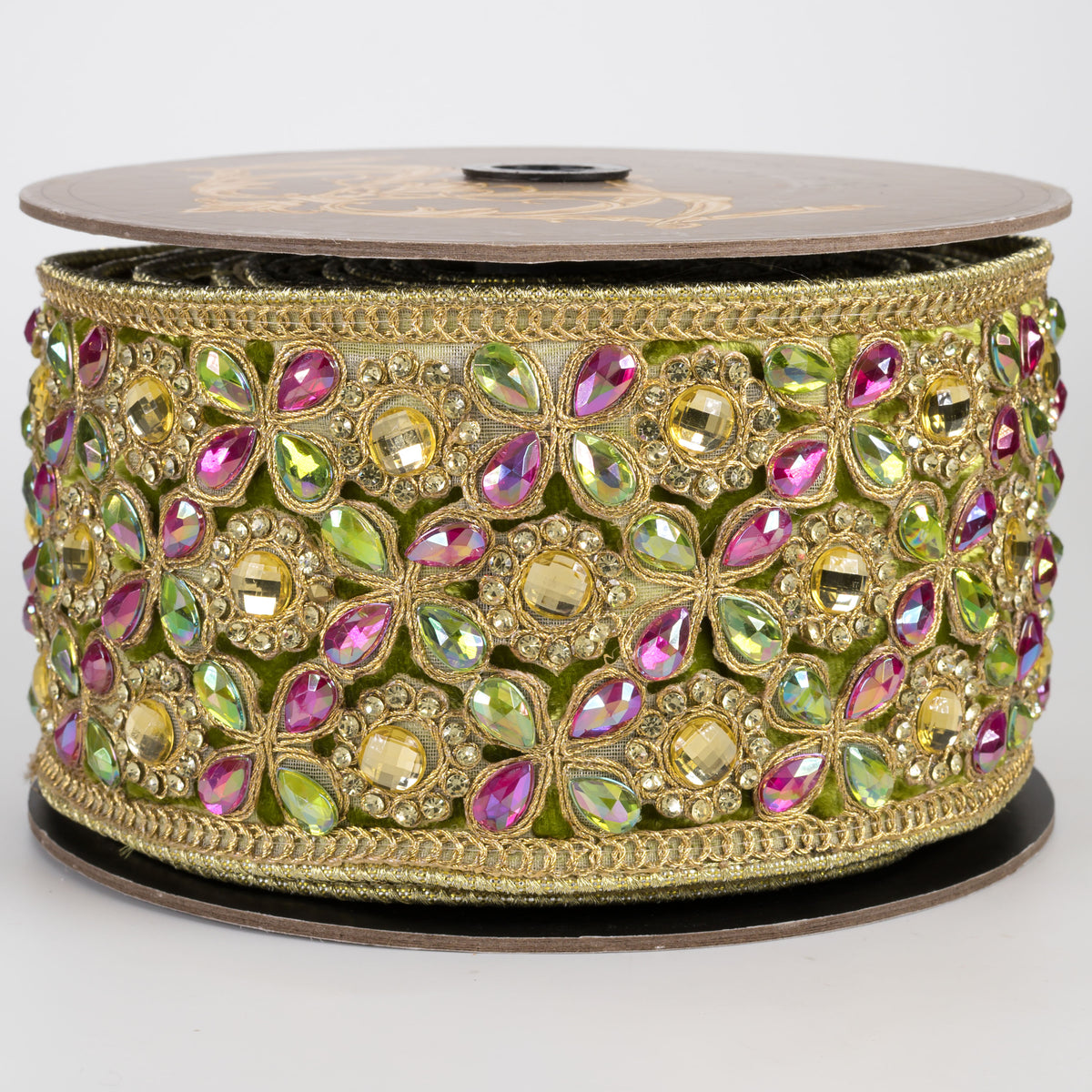 [D Stevens] 3" Royal Jewels on Velvet Ribbon: Lime, Pink & Gold (5 Yards)