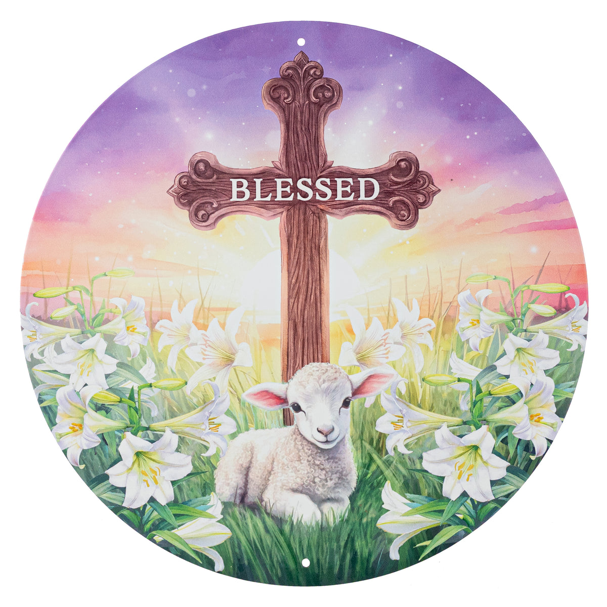 12" Round Metal Sign: Blessed Cross with Lamb