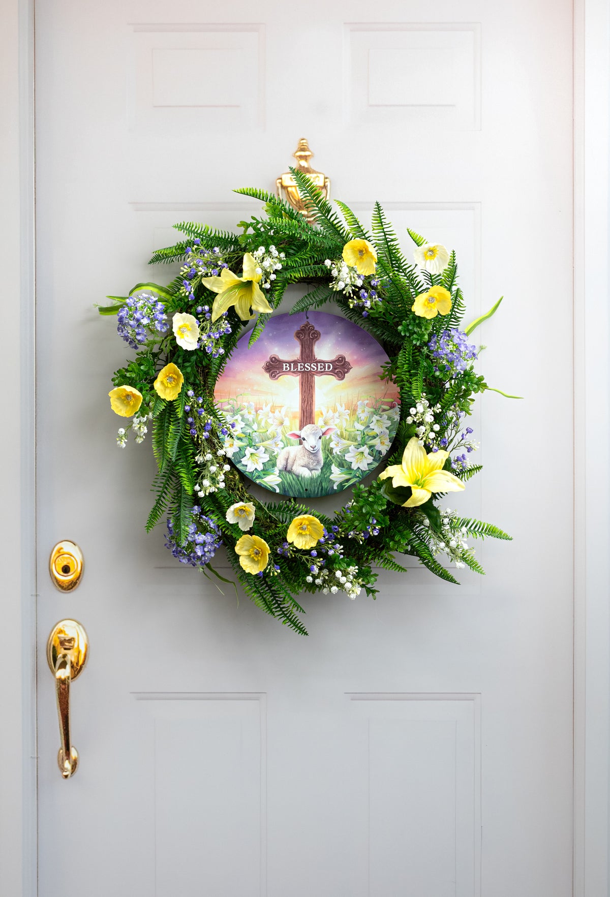 12" Round Metal Sign: Blessed Cross with Lamb