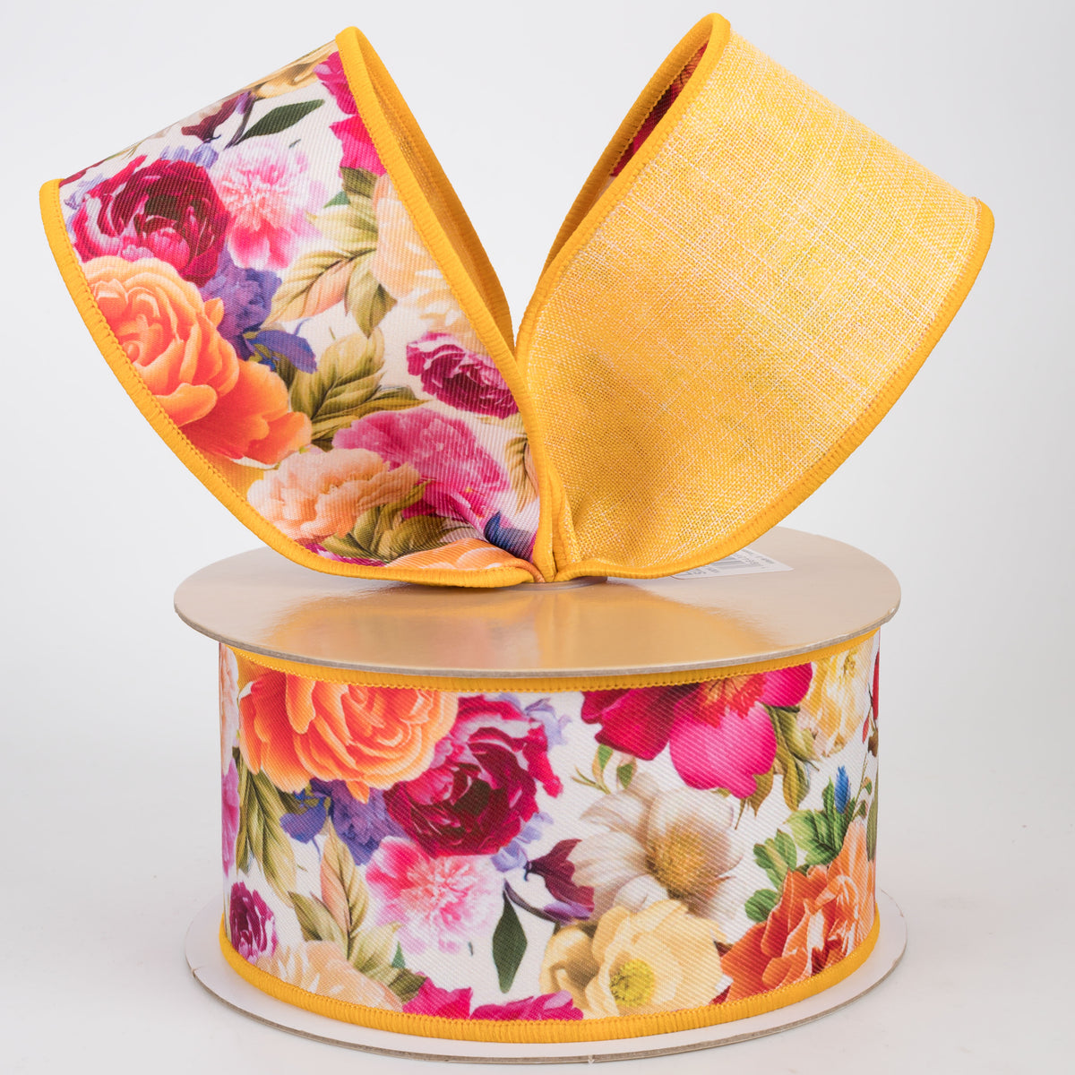 2.5" Double Sided Fused Mixed Garden Florals Ribbon: Yellow (10 Yards)