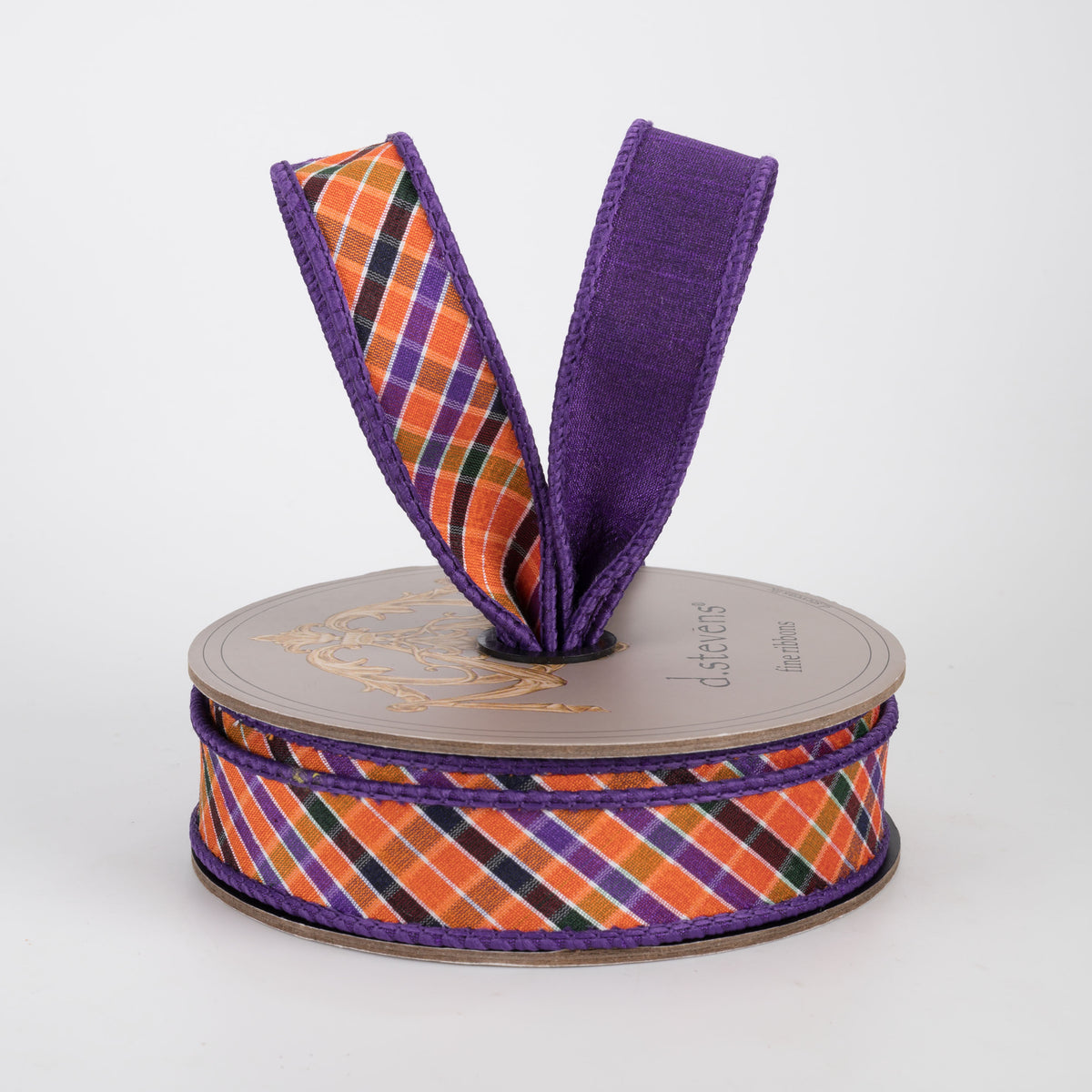 [D Stevens] 1" Dupioni Diagonal Stripe Plaid Ribbon: Halloween (10 Yards)
