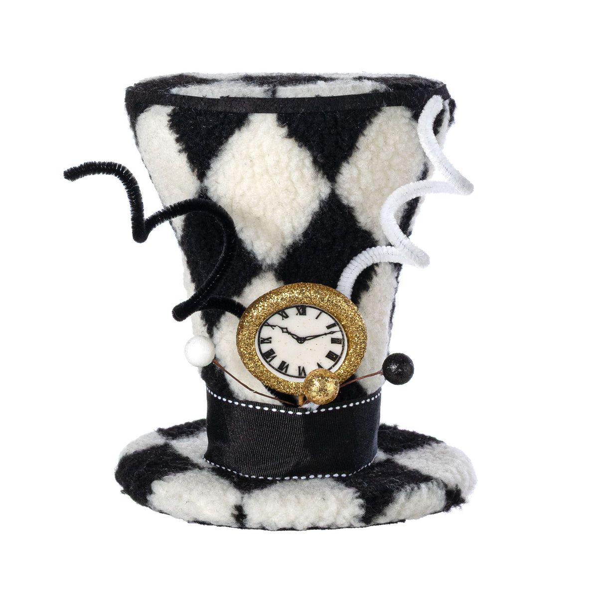 7.5" Fuzzy Harlequin Stopwatch Top Hat Decoration