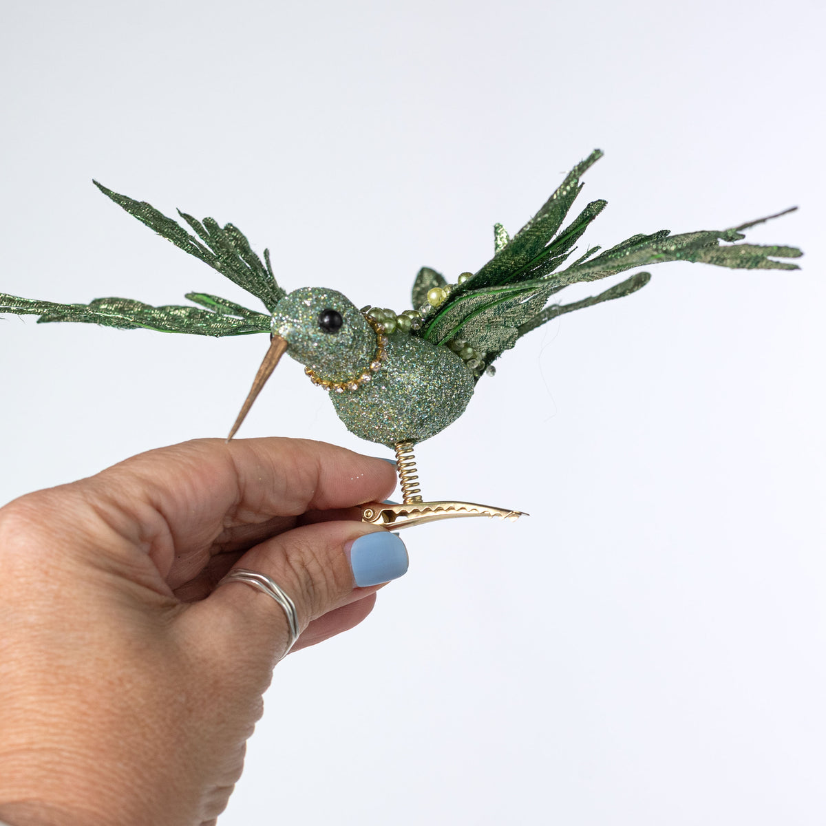 8" Glittered & Jeweled Hummingbird Clip Ornament: Mint Green