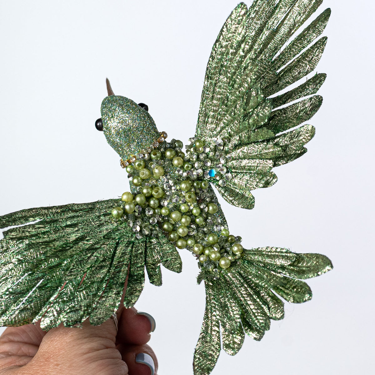 8" Glittered & Jeweled Hummingbird Clip Ornament: Mint Green