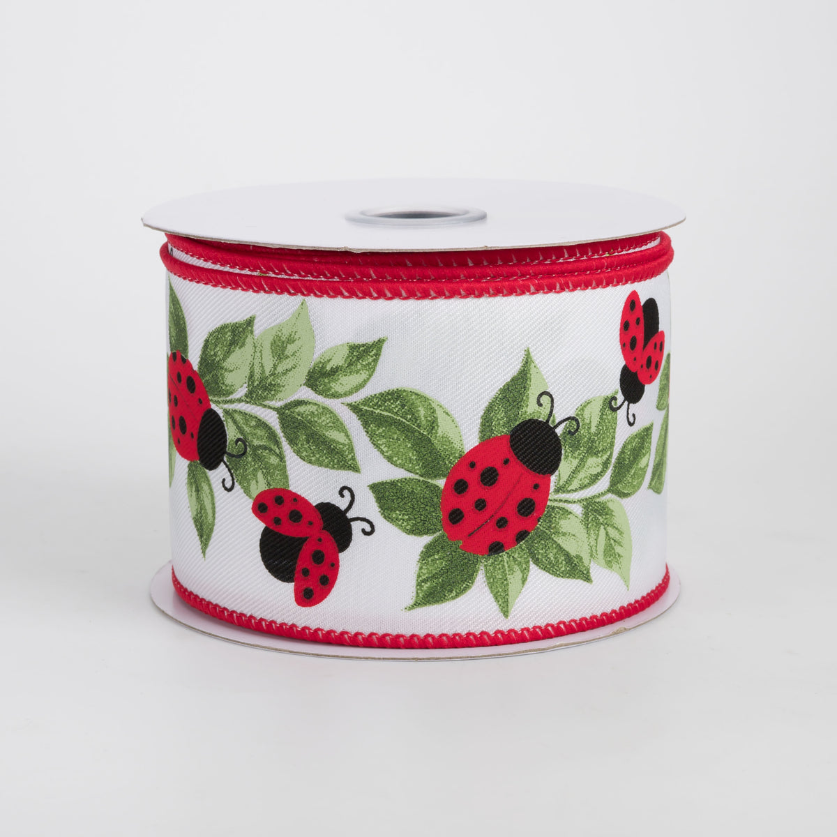 2.5" Ladybugs & Leaves Ribbon: White (10 Yards)