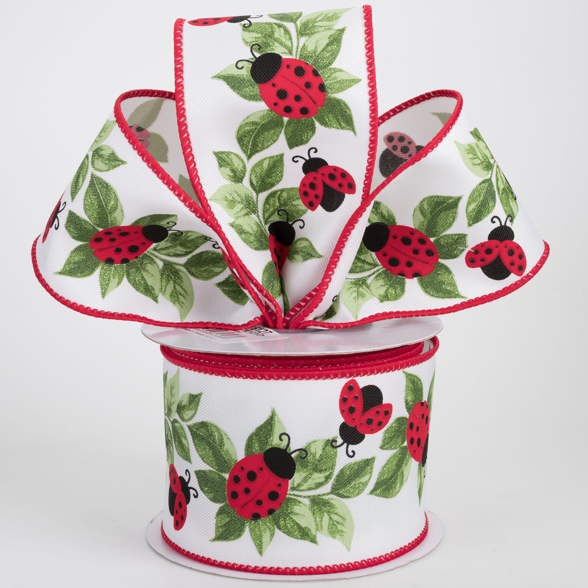 2.5" Ladybugs & Leaves Ribbon: White (10 Yards)