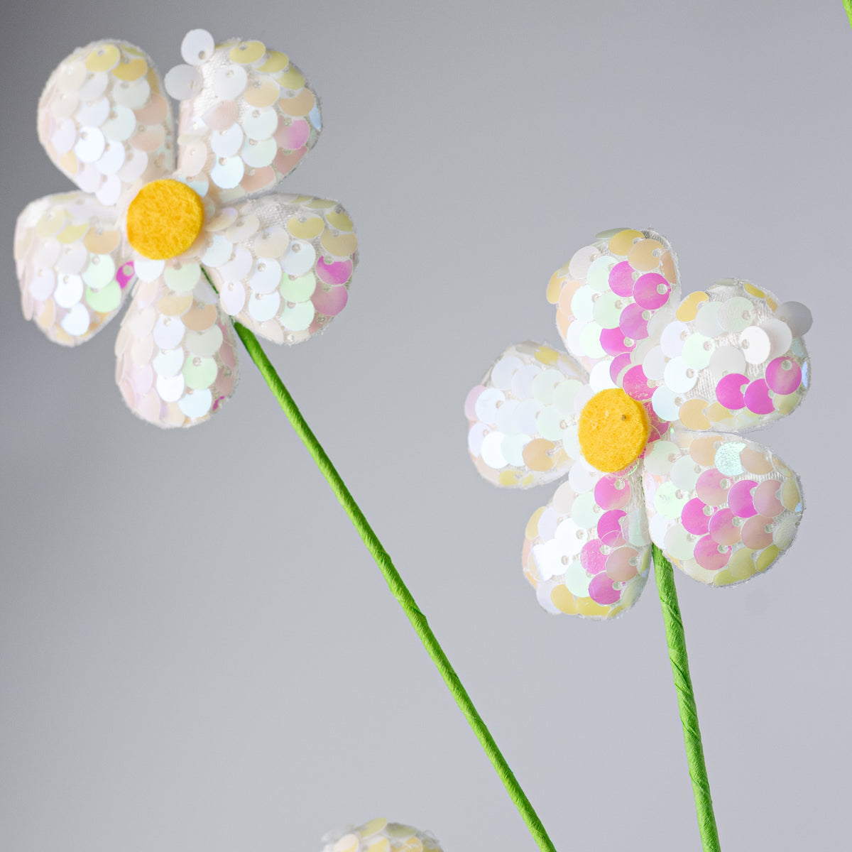 27" Sequin Daisies Spray: White