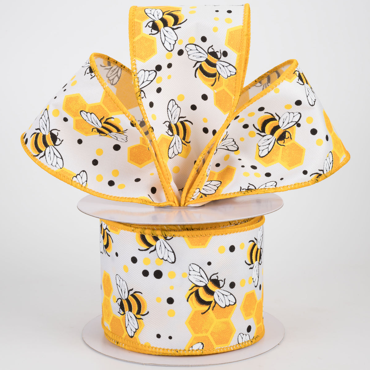 2.5" Bumblebees & Honeycomb Ribbon: White (10 Yards)