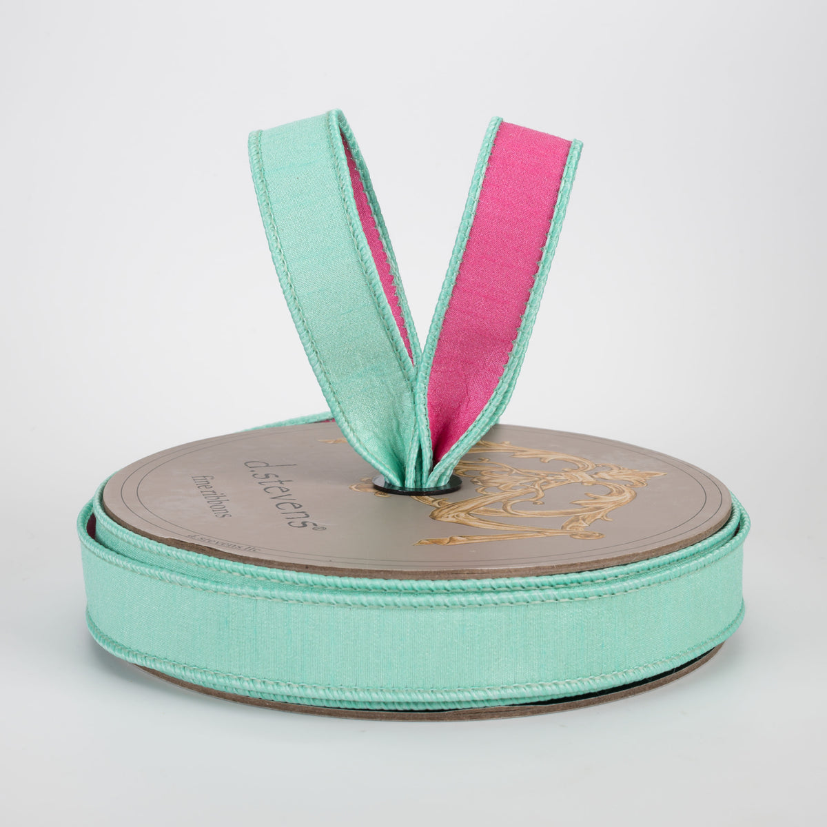 [D Stevens] 1" Double Sided Dupioni Ribbon: Petal Pink & Aqua Blue (25 Yards)
