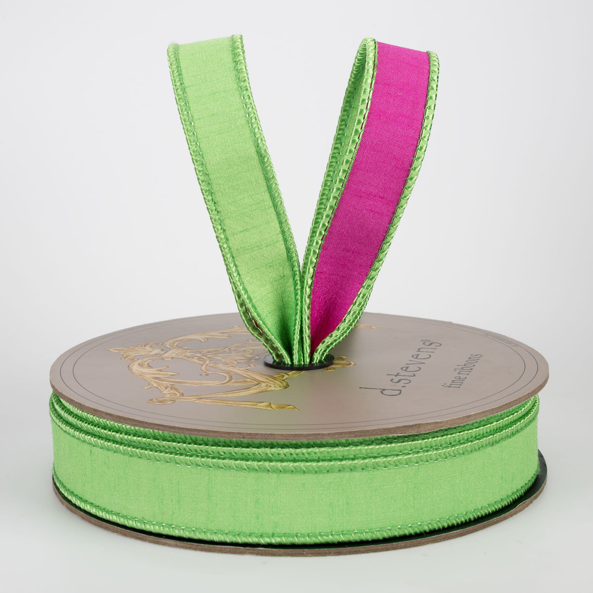 [D Stevens] 1" Double Sided Dupioni Ribbon: Lime Green & Hot Pink (25 Yards)