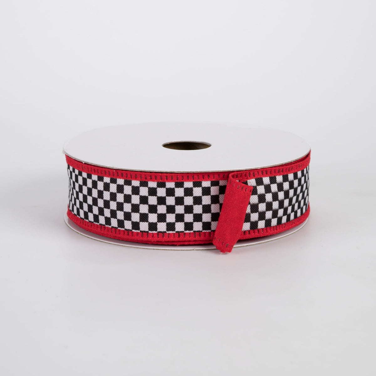 1" Double Sided Black & White Check & Dupioni Ribbon: Red (10 Yards)