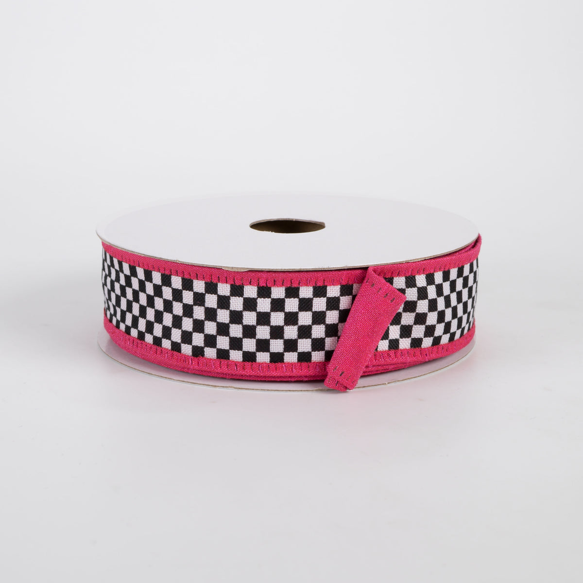 1" Double Sided Black & White Check & Dupioni Ribbon: Hot Pink (10 Yards)