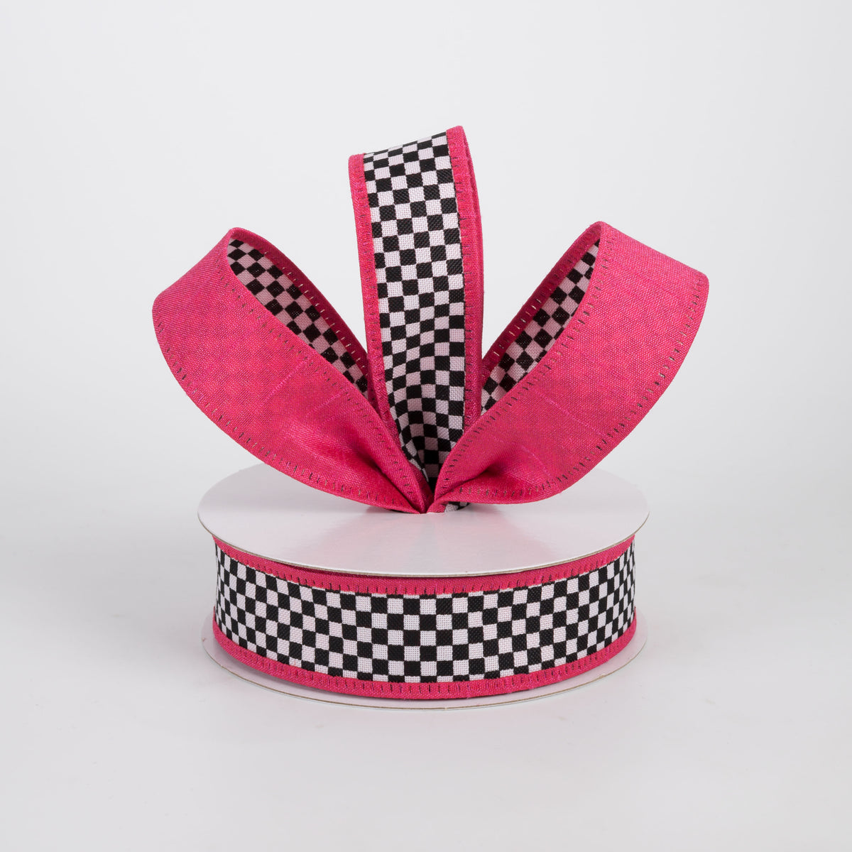 1" Double Sided Black & White Check & Dupioni Ribbon: Hot Pink (10 Yards)