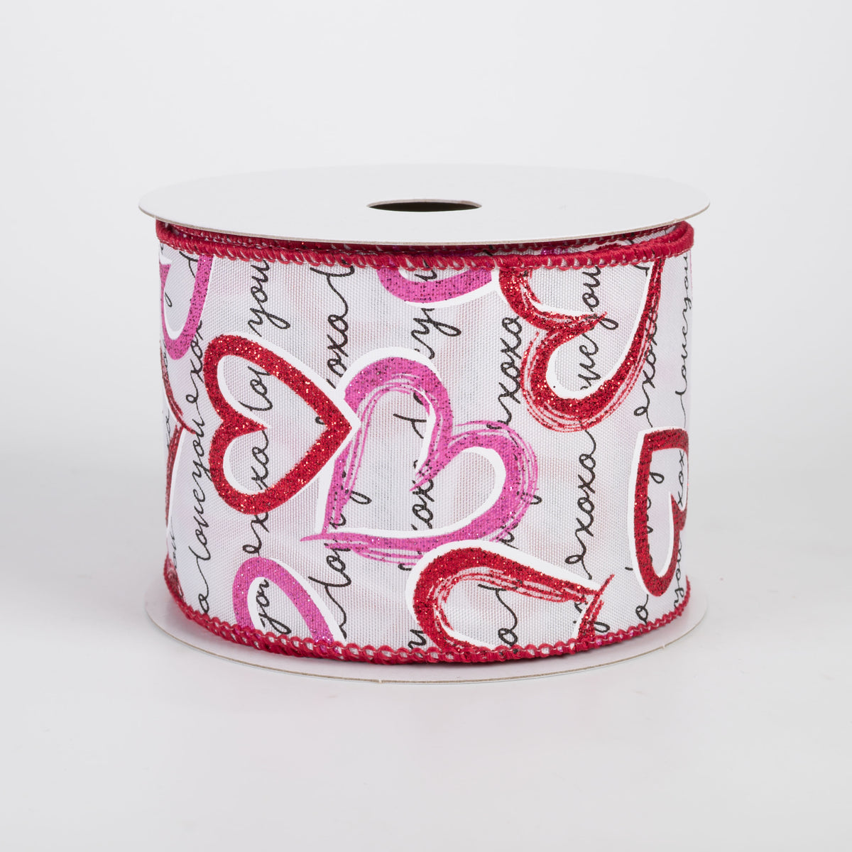 2.5" Love Book Script With Pink & Red Hearts Ribbon: White (10 Yards)