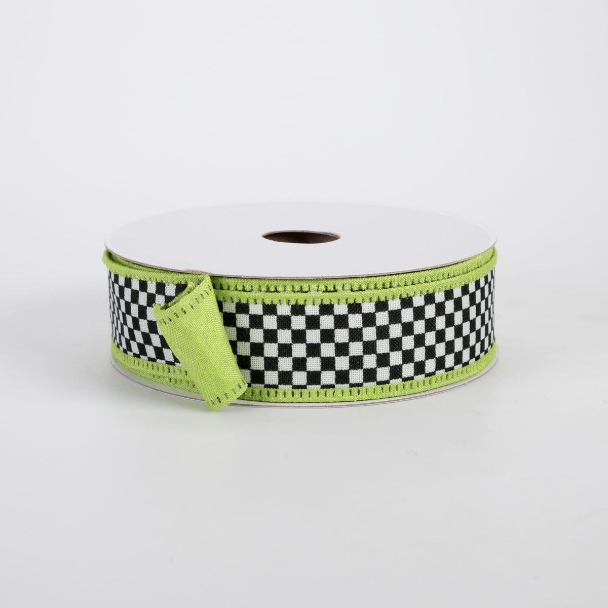 1" Double Sided Black & White Check & Dupioni Ribbon: Lime Green (10 Yards)