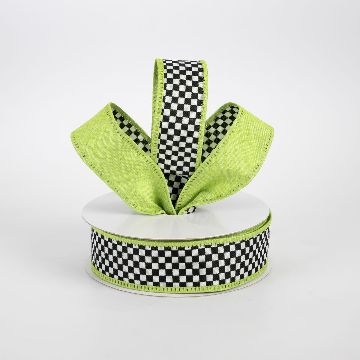 1" Double Sided Black & White Check & Dupioni Ribbon: Lime Green (10 Yards)