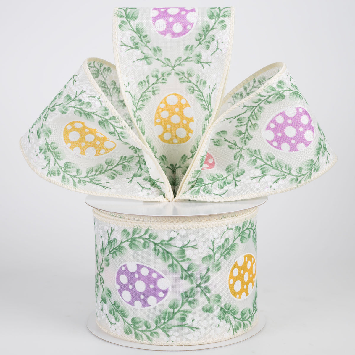 2.5" Satin Eucalyptus Trellis & Easter Eggs Ribbon: Ivory (10 Yards)