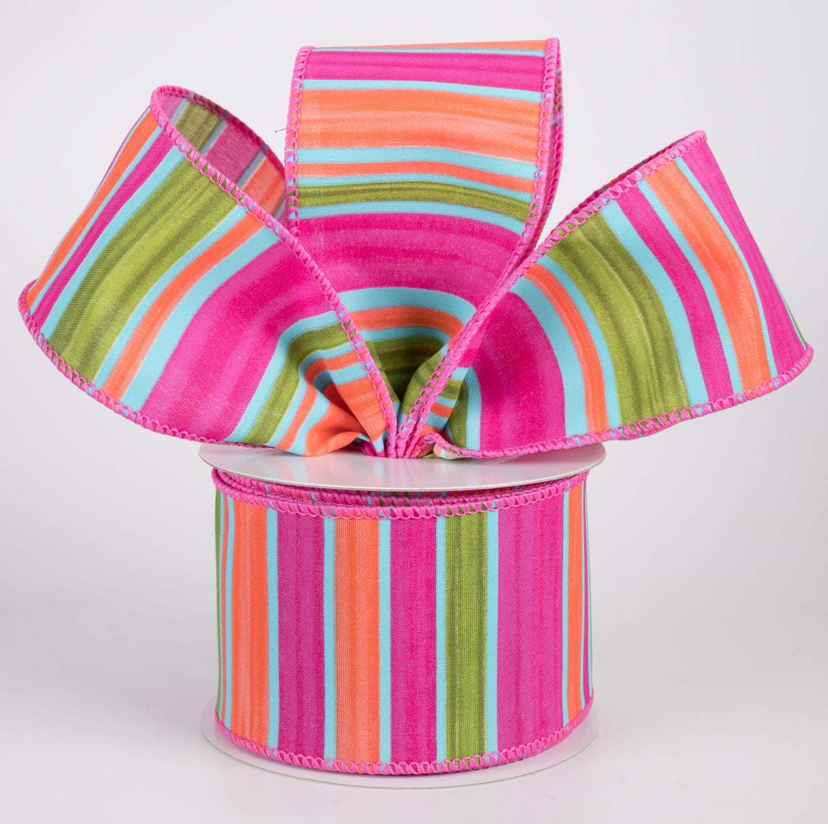 2.5" Watercolor Horizontal Stripes Ribbon: Fuchsia Pink, Orange, Blue & Green (10 Yards)